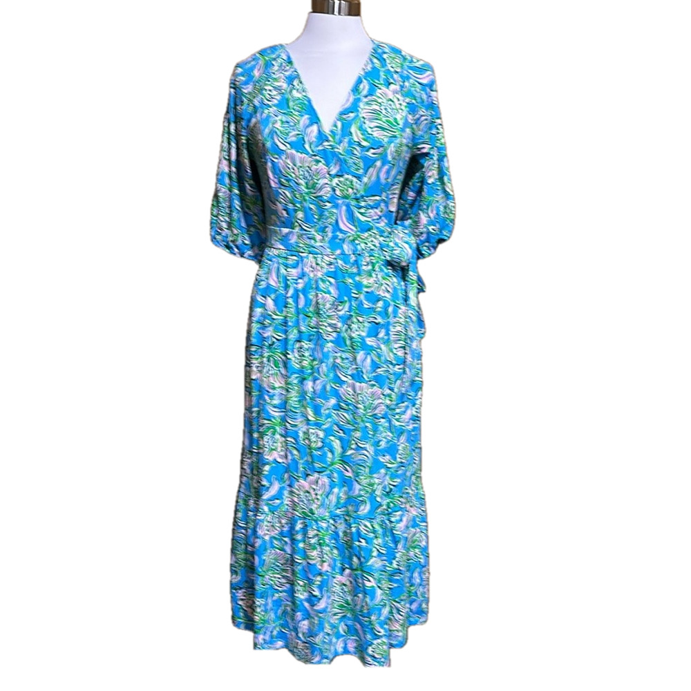 Lilly Pulitzer Brantley Midi Wrap Dress Blue Floral Size L - NWT